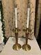 Set Of Two Heavy Mcm Brass And Wood Sanctuary Paschal Oil Lamp Candlesticks