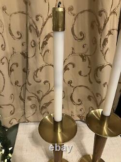 Set of Two Heavy MCM Brass and Wood Sanctuary Paschal Oil Lamp Candlesticks