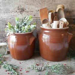 Set of Two Large, French Country, Confit Pots. Rustic Stoneware Confit Jars