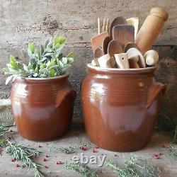 Set of Two Large, French Country, Confit Pots. Rustic Stoneware Confit Jars