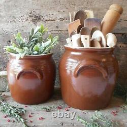 Set of Two Large, French Country, Confit Pots. Rustic Stoneware Confit Jars