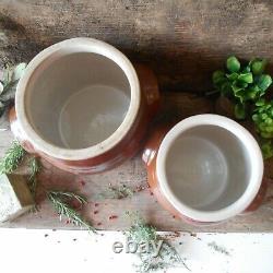 Set of Two Large, French Country, Confit Pots. Rustic Stoneware Confit Jars