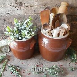 Set of Two Large, French Country, Confit Pots. Rustic Stoneware Confit Jars