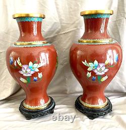 Set of Two Large Matching Cloisonne Vases 15 tall With Stands