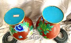 Set of Two Large Matching Cloisonne Vases 15 tall With Stands