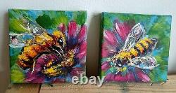 Set of Two Oil Paintings Impressionist Original Collectible Golden Honey Bee