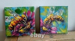 Set of Two Oil Paintings Impressionist Original Collectible Golden Honeybee