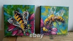 Set of Two Oil Paintings Impressionist Original Collectible Golden Honeybee