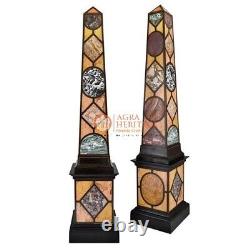 Set of Two Pair of Marble Black Designer Miniature Obelisks Multi Mosaic Stones