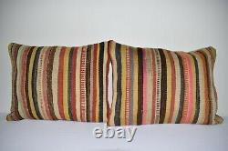 Set of Two Striped Turkish Lumbar Kilim Pillow Cover 18 X 24 Big Large Pillow