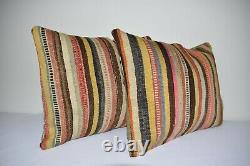 Set of Two Striped Turkish Lumbar Kilim Pillow Cover 18 X 24 Big Large Pillow