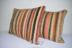 Set of Two Striped Turkish Lumbar Kilim Pillow Cover 18 X 24 Big Large Pillow