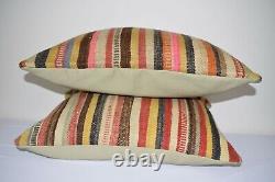 Set of Two Striped Turkish Lumbar Kilim Pillow Cover 18 X 24 Big Large Pillow