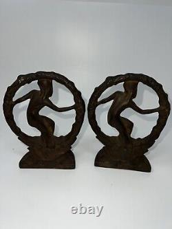 Set of Two Vintage Art Nouveau Nude in Wreath Cast Iron Bookends