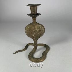 Set of Two Vintage Brass Figural King Cobra Snake Candlestick Candle Holders