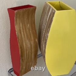 Set of Two Wood Laquer Vase Curve Bright Yellow Red Vintage Mid Century 12