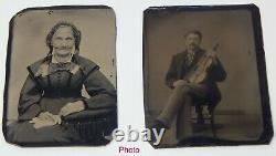 Set of two Antique Tintype Tin Type Photos Old Woman and Man with Violin