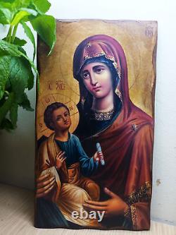 Set of two handmade Greek Orthodox icons Pantocrator and Virgin Mary with Jesus