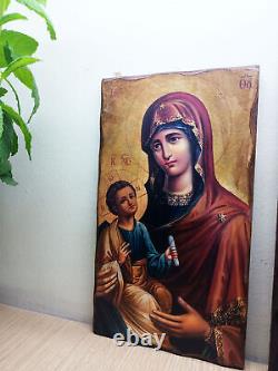 Set of two handmade Greek Orthodox icons Pantocrator and Virgin Mary with Jesus