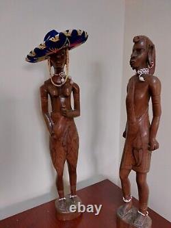 Set of two old vintage hand carved genuine wooden figurine man and woman