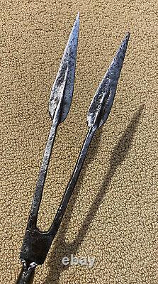 Set of two rare antique Ethiopian two-pronged (bident) spear heads, 1900, Africa