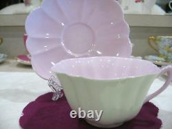 Shelley Stratford cup teacup saucer set green outside/purple in two colors