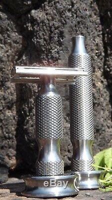 Solid Pure Titanium Razor Handle with stand. Fits any razor heads. Set of two