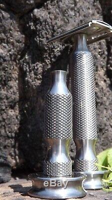 Solid Pure Titanium Razor Handle with stand. Fits any razor heads. Set of two