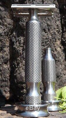 Solid Pure Titanium Razor Handle with stand. Fits any razor heads. Set of two