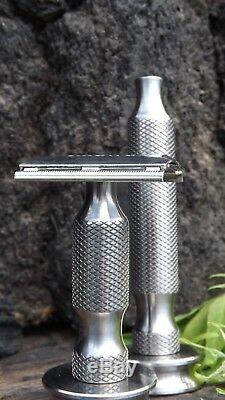 Solid Pure Titanium Razor Handle with stand. Fits any razor heads. Set of two