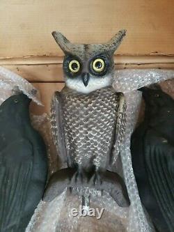 Soules & Swisher Two Faced Paper Mache Owl Crow Decoy Set Kit 1940's with box