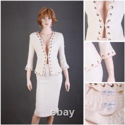 St. John COLLECTION TEXTURED KNIT 2 PC Suit, JACKET+SKIRT, IVORY, SIZE 12, CHIC