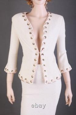 St. John COLLECTION TEXTURED KNIT 2 PC Suit, JACKET+SKIRT, IVORY, SIZE 12, CHIC