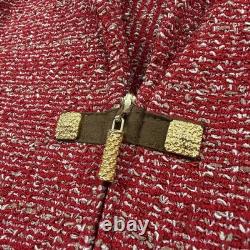 St John Collection 2 Pc Red Boucle Tweed Woven Skirt Jacket Gold Suede Set Sz 4