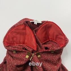 St John Collection 2 Pc Red Boucle Tweed Woven Skirt Jacket Gold Suede Set Sz 4