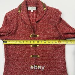 St John Collection 2 Pc Red Boucle Tweed Woven Skirt Jacket Gold Suede Set Sz 4