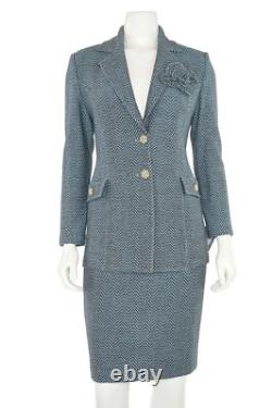 St. John Collection 2Pc Skirt Suit sz 2 Light Blue/Gray Herringbone Jacket Skirt