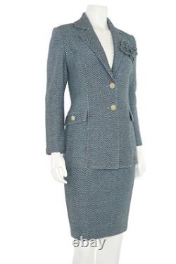 St. John Collection 2Pc Skirt Suit sz 2 Light Blue/Gray Herringbone Jacket Skirt