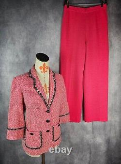 St. John Collection 2Ps Suit Jacket 8 Pants S Pink Knit Black Button & Trim EUC