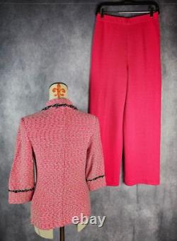St. John Collection 2Ps Suit Jacket 8 Pants S Pink Knit Black Button & Trim EUC