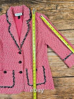 St. John Collection 2Ps Suit Jacket 8 Pants S Pink Knit Black Button & Trim EUC