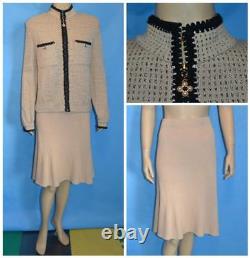 St John Collection Beige Black Jacket Skirt L 12 10 2pc Suit Zipper Black Trims