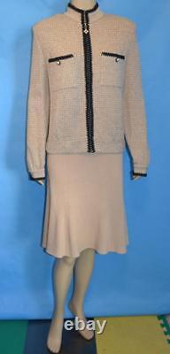 St John Collection Beige Black Jacket Skirt L 12 10 2pc Suit Zipper Black Trims