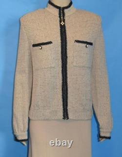 St John Collection Beige Black Jacket Skirt L 12 10 2pc Suit Zipper Black Trims