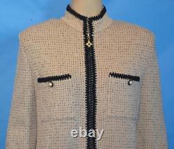 St John Collection Beige Black Jacket Skirt L 12 10 2pc Suit Zipper Black Trims