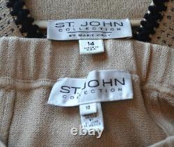 St John Collection Beige Black Jacket Skirt L 12 10 2pc Suit Zipper Black Trims