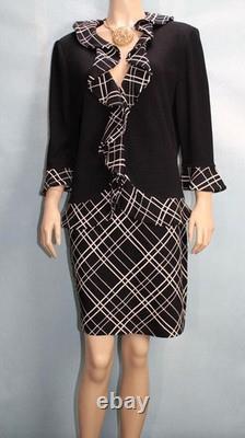 St John Collection Black White Jacket Skirt M L Size 8 10 2pc Suit Ruffled Plaid