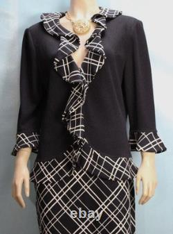 St John Collection Black White Jacket Skirt M L Size 8 10 2pc Suit Ruffled Plaid