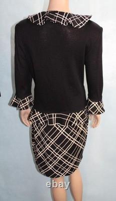 St John Collection Black White Jacket Skirt M L Size 8 10 2pc Suit Ruffled Plaid