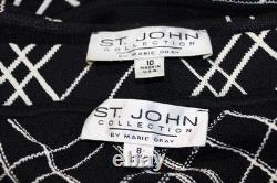 St John Collection Black White Jacket Skirt M L Size 8 10 2pc Suit Ruffled Plaid